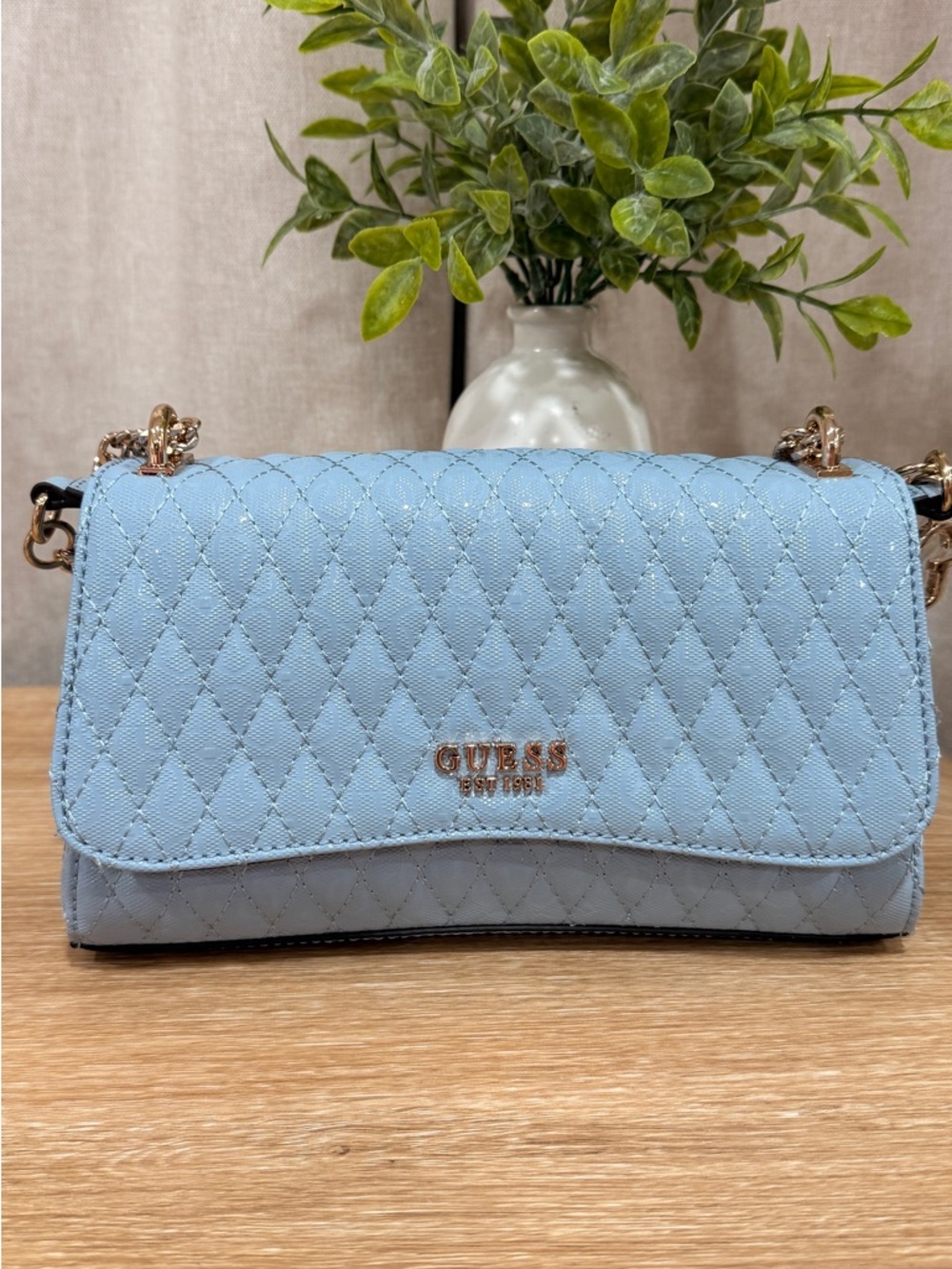 GUESS Quilted Light Blue Crossbody with Gold Hardware